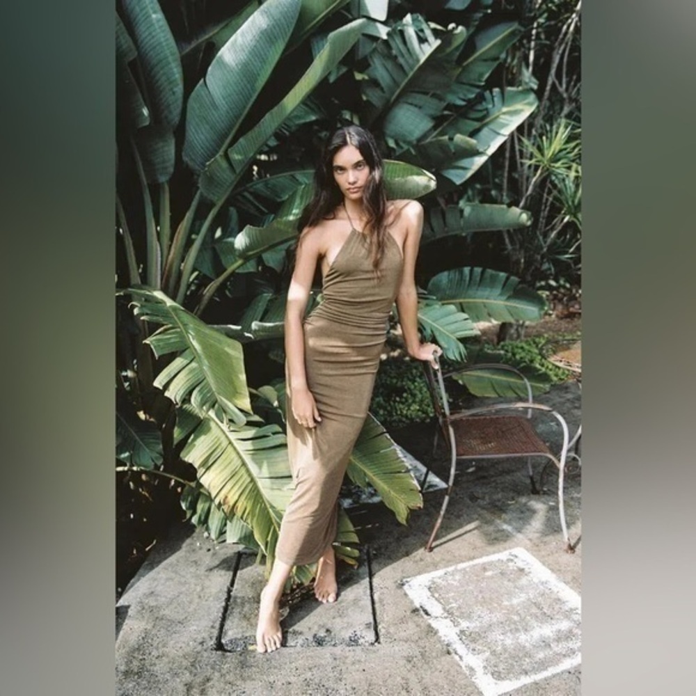 Significant Other Texas Halter Midi Dress Bronze Metallic Ruched NWT Size 4